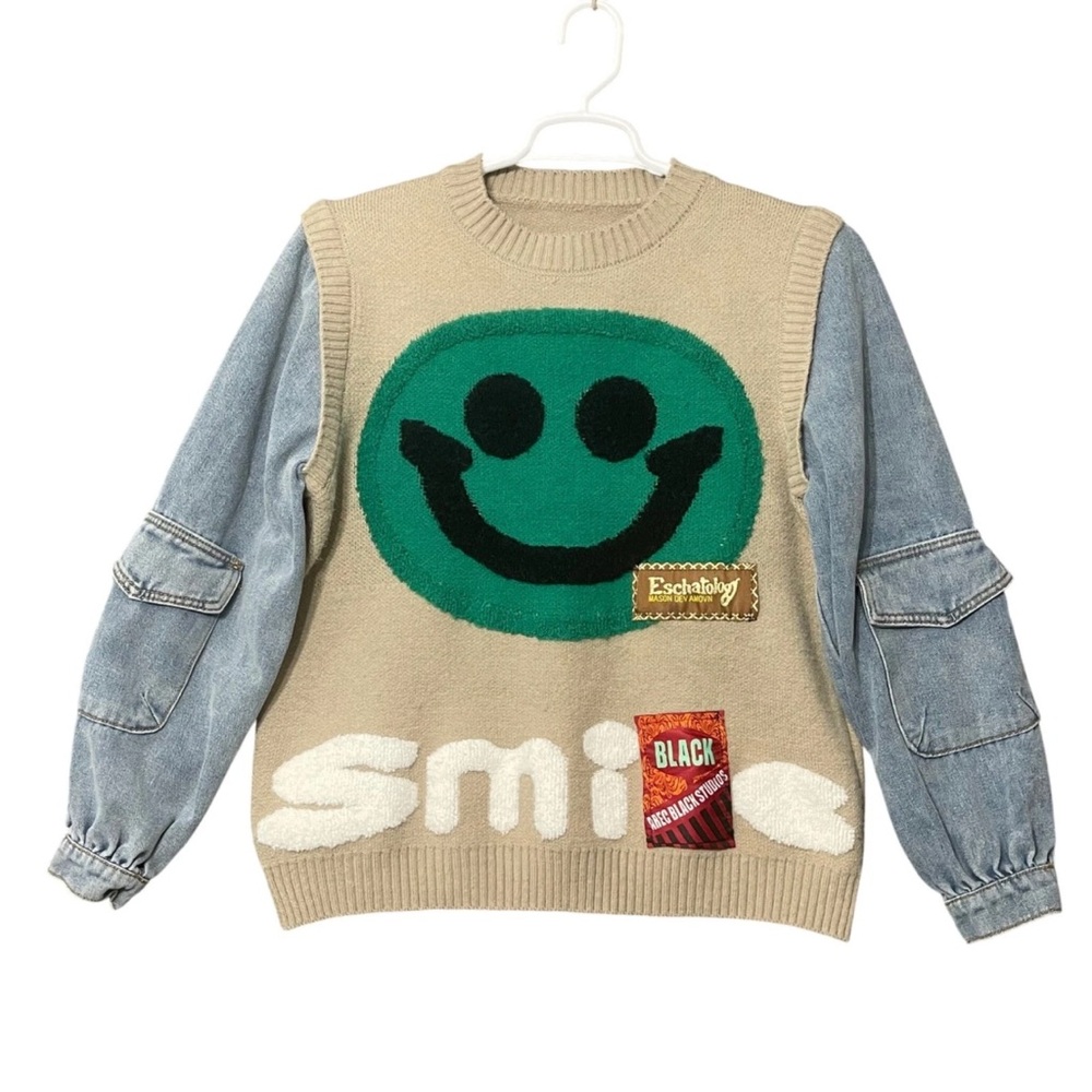 Beige and Blue Smiley Sweater